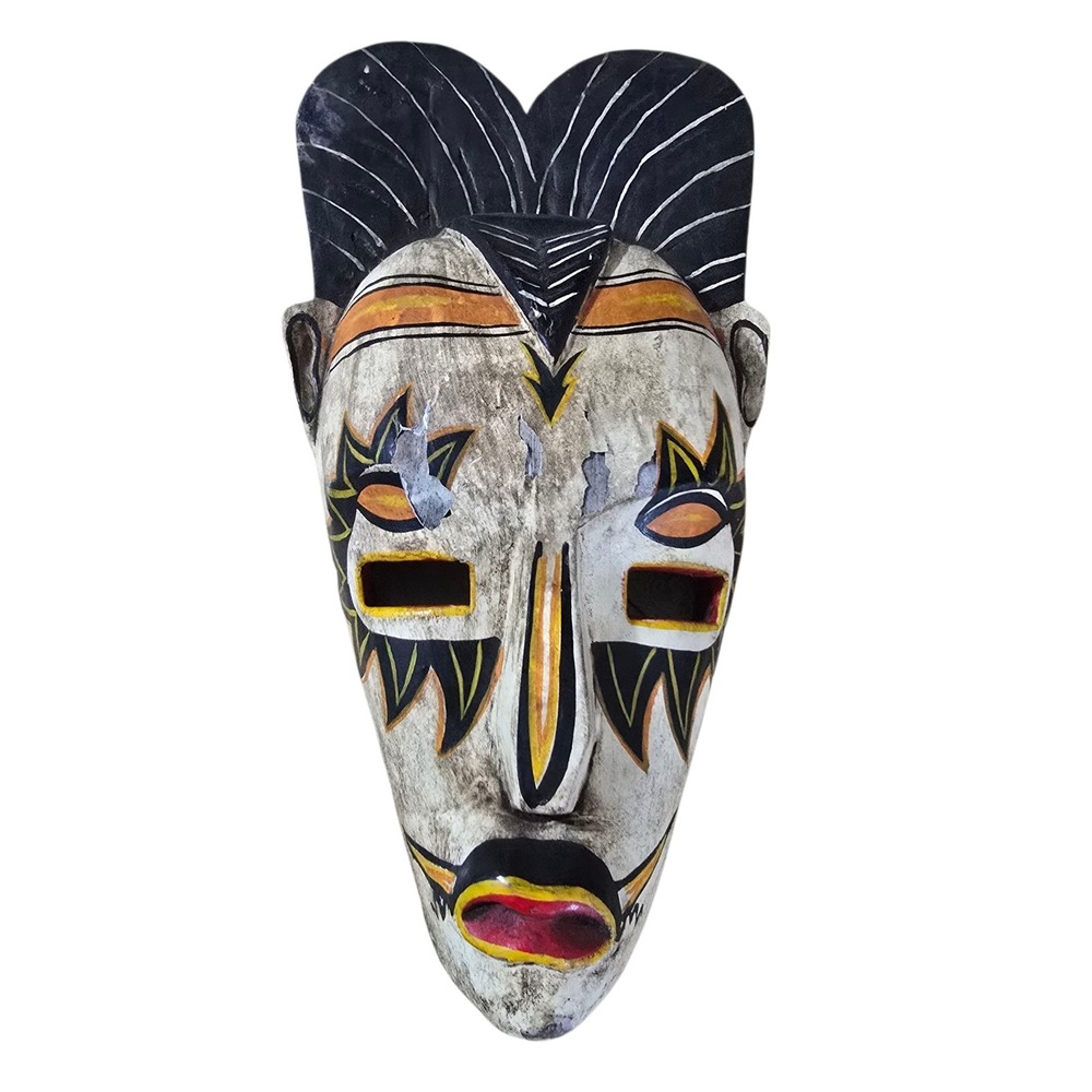 Collectible Wooden Hand Painted Mask Colorful Expressive 6.5" X 13"‎ Distressed